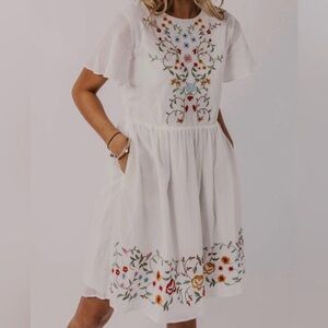 Roolee White Dress with Floral Embroidery & Flutter Sleeves